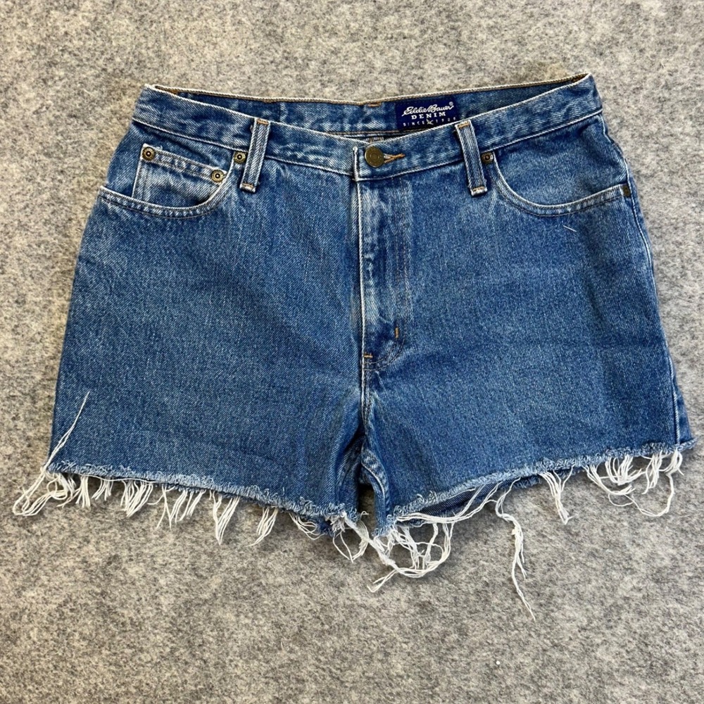 Eddie Bauer Denim Shorts Womens 10 Petite Blue Painted Flag High Waisted